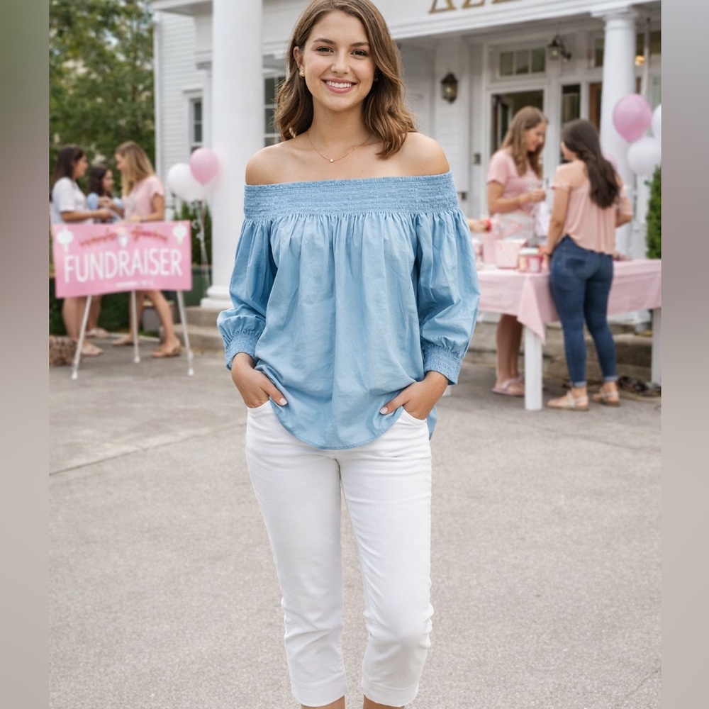 COS Women’s Off Shoulder Smocked Cotton Blouse Large | Blue Long Sleeve Top